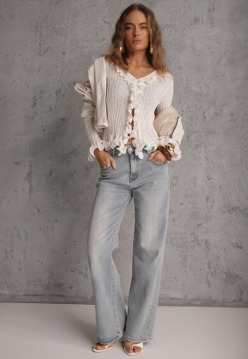 Biała Bluzka z Wiskozą w Prążki z Falbanami Chionolis 2