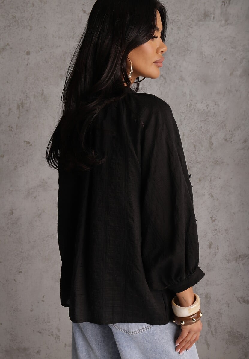 Czarna Wiązana Bluzka w Stylu Boho z Tencelu z Koralikami i Koronką Helotis 3