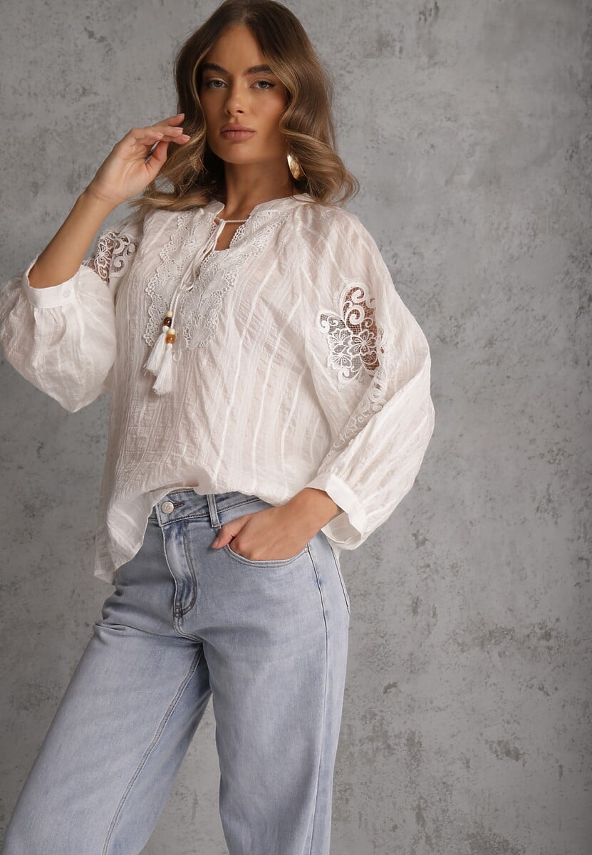 Biała Wiązana Bluzka w Stylu Boho z Tencelu z Koralikami i Koronką Helotis 1