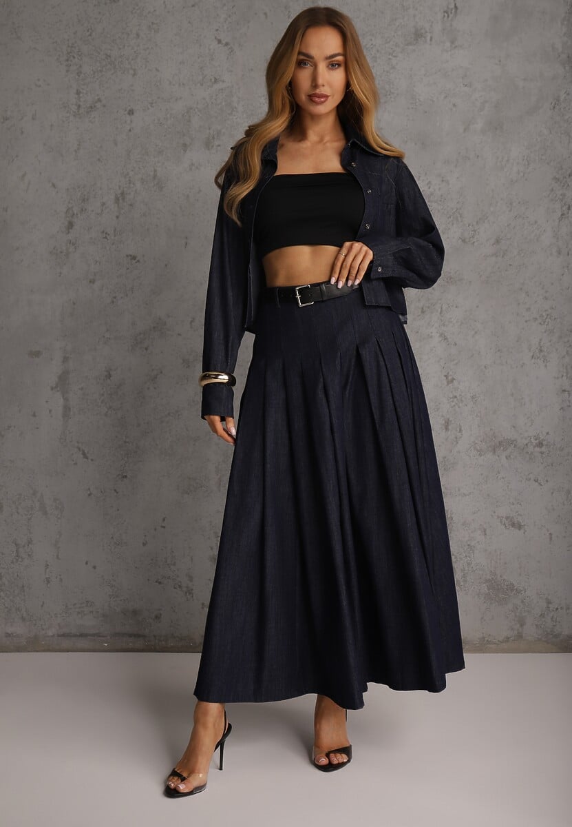 Granatowy Komplet z Bawełniano-Wiskozowej Imitacji Jeansu z Koszulą i Spódnicą z Paskiem Andaig 1