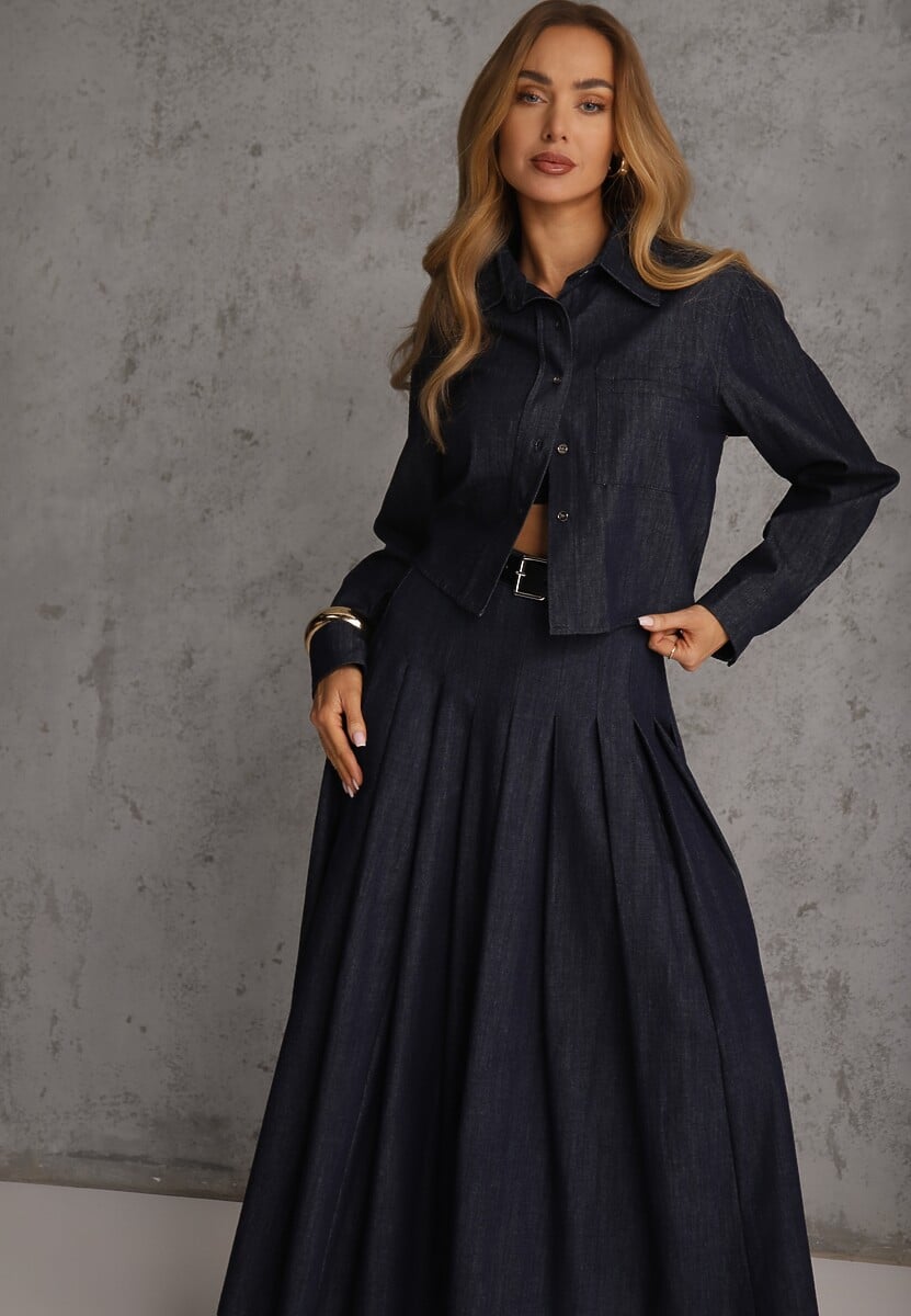 Granatowy Komplet z Bawełniano-Wiskozowej Imitacji Jeansu z Koszulą i Spódnicą z Paskiem Andaig 2
