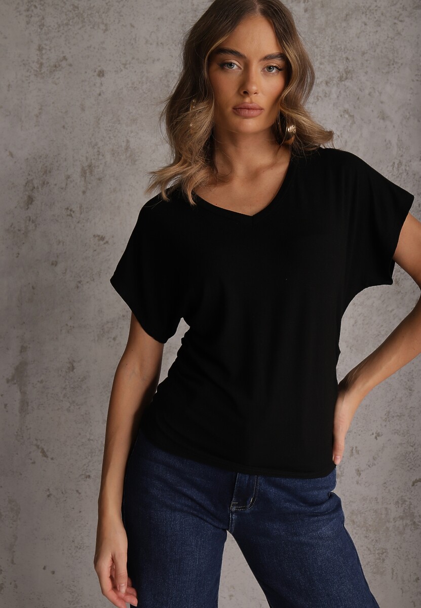 Czarny Wiskozowy T-shirt z Dekoltem V Eupharis 1