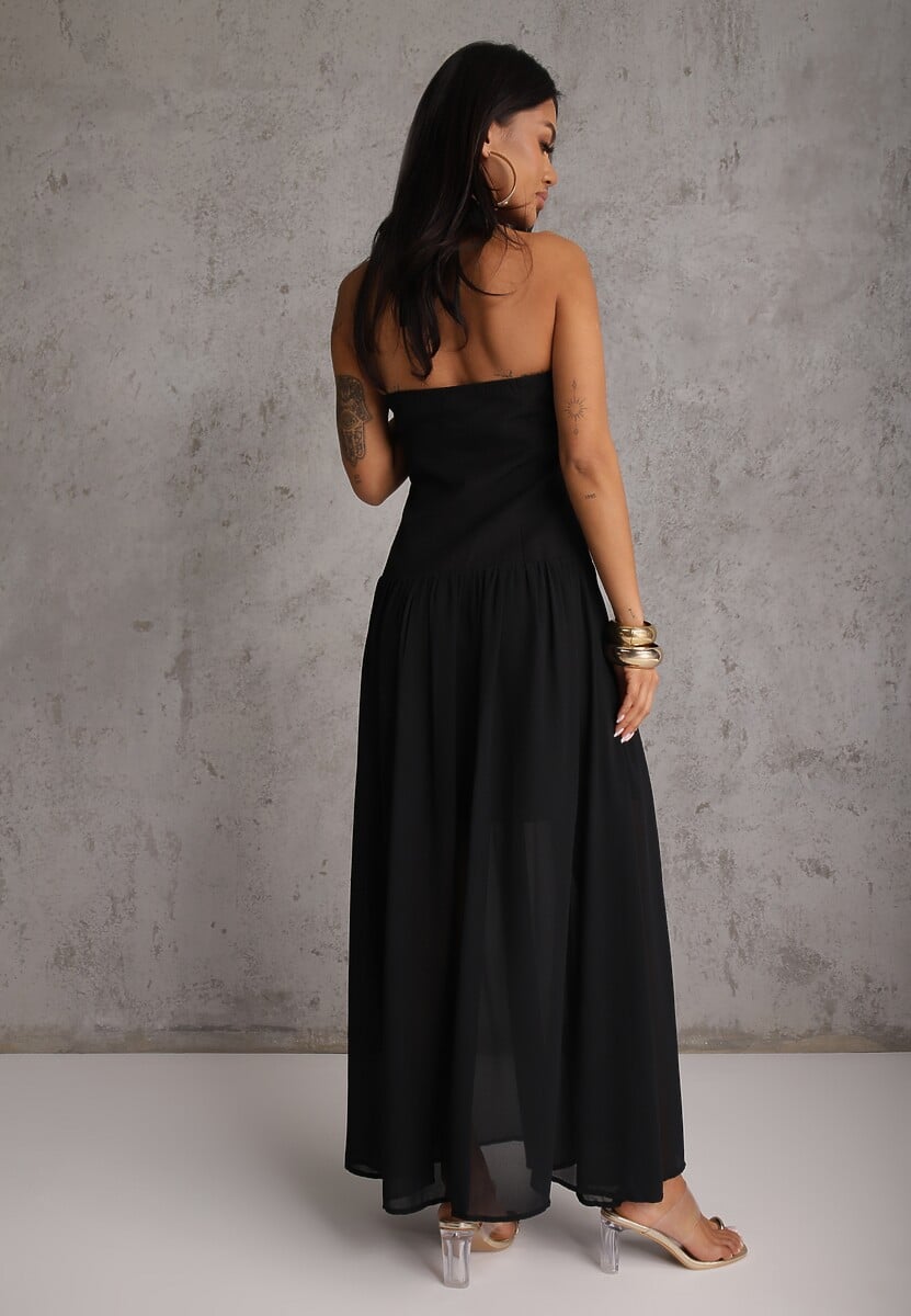 Czarna Sukienka z Dekoltem Halter i Ozodbymi Guzikami z Przodu Nesia 3