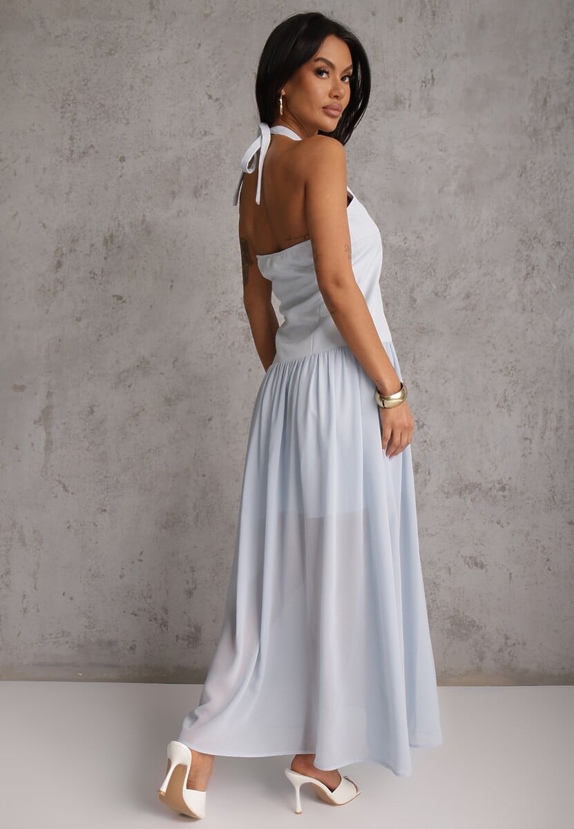 Niebieska Sukienka z Dekoltem Halter i Ozodbymi Guzikami z Przodu Nesia 3