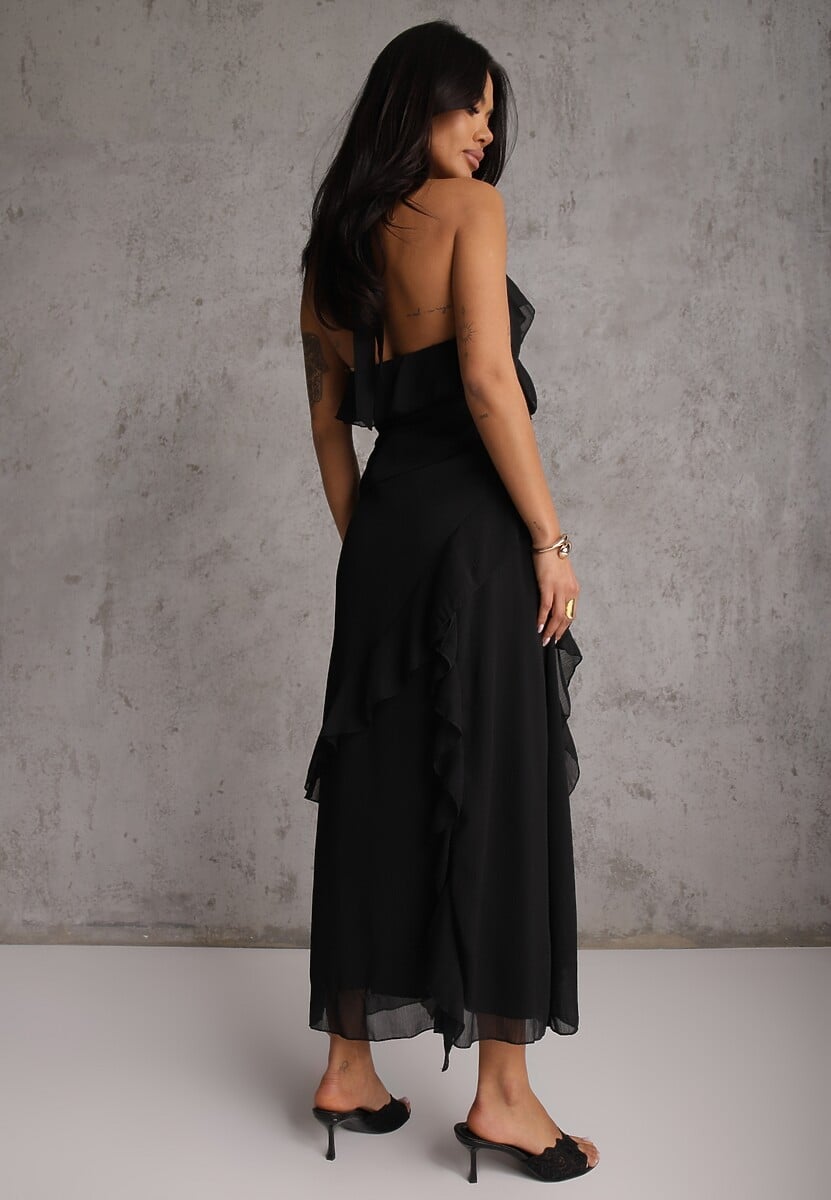 Czarna Elegancka Sukienka z Taliowaniem Wiązana na Plecach z Falbankami Ocyparia 3