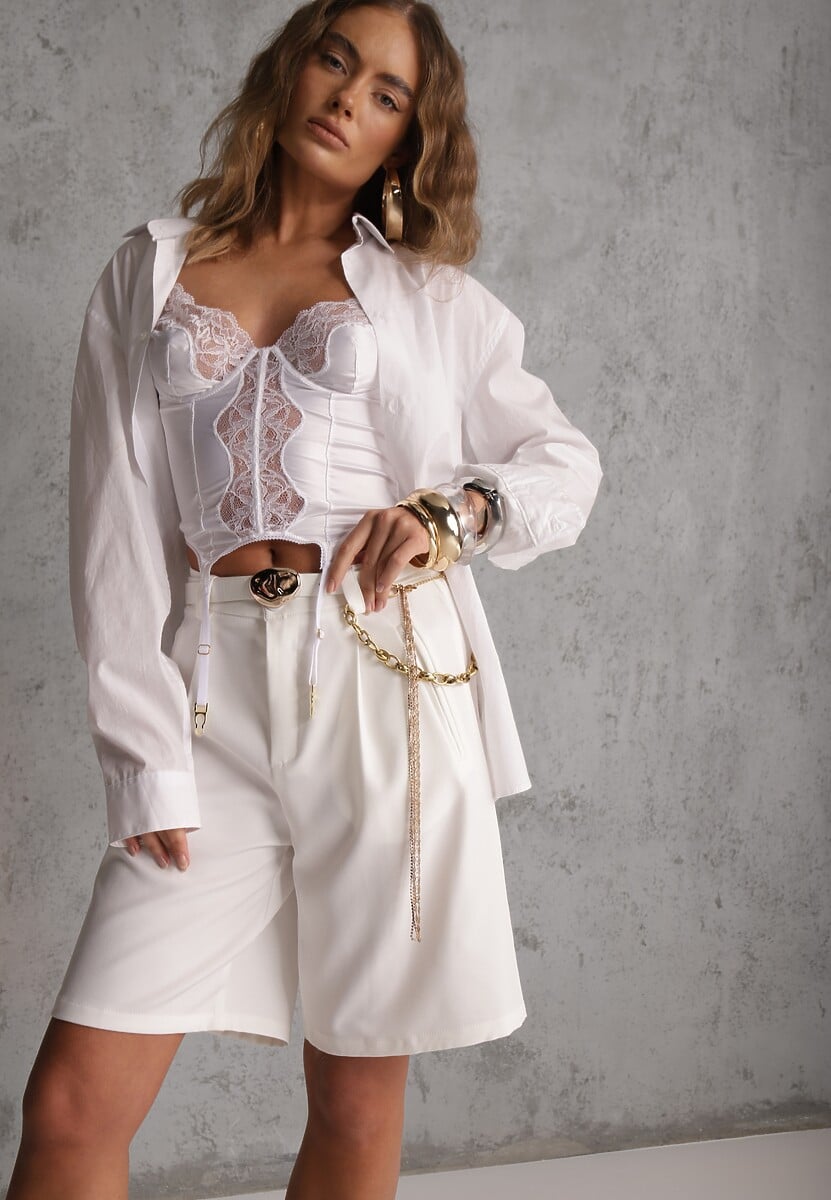 Białe Szorty Bermudy Eleganckie z Paskiem High Waist Rhodissa 1