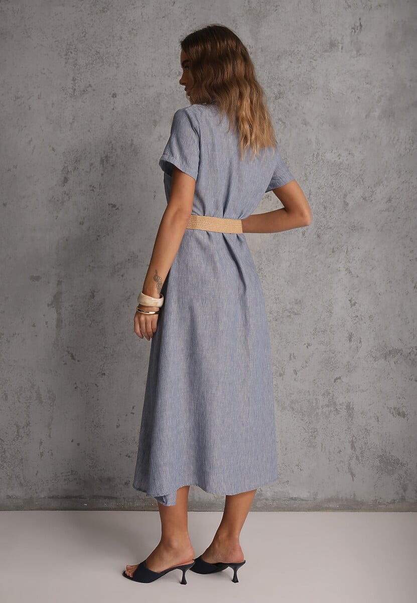 Niebieska Sukienka o Koszulowym Fasonie z Krótkim Rękawem i Paskiem z Klamrą  Sylphusi 3