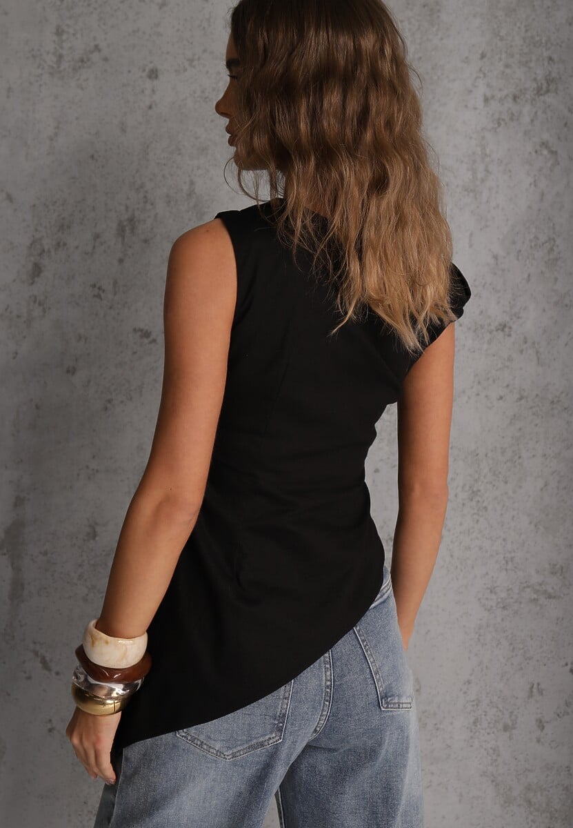 Czarna Marszczona Asymetryczna Bluzka z Bawełny z Ozdobą 3D Thellike 3