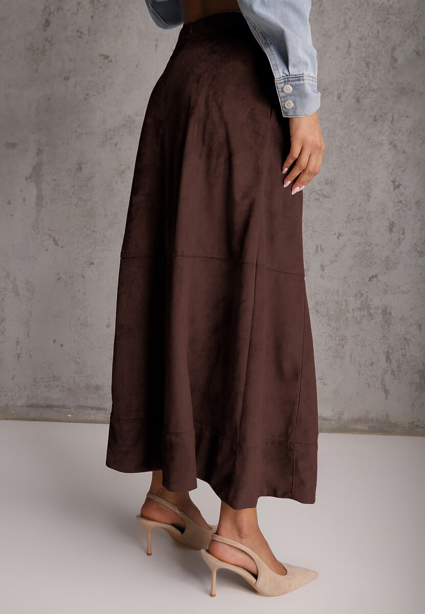 Brązowa Gładka Spódnica z Imitacji Zamszu o Rozkloszowanym Kroju Nettia 3