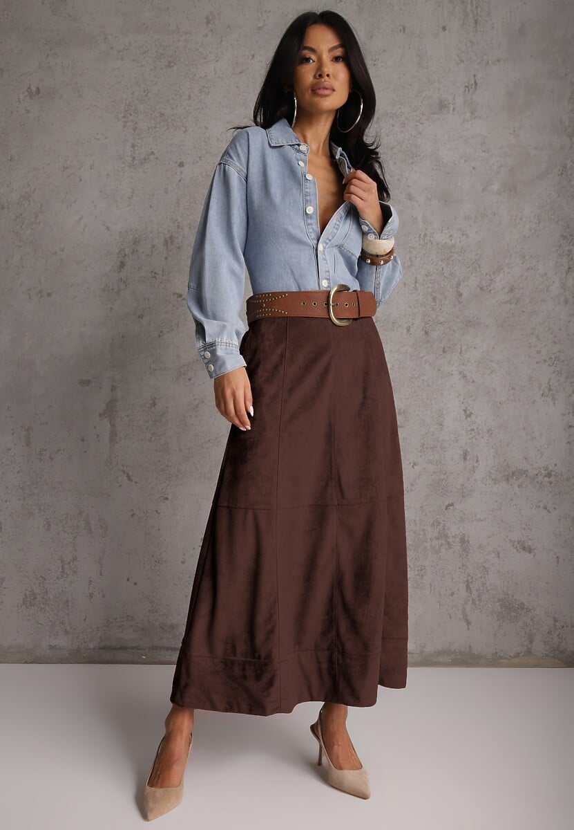 Brązowa Gładka Spódnica z Imitacji Zamszu o Rozkloszowanym Kroju Nettia 2