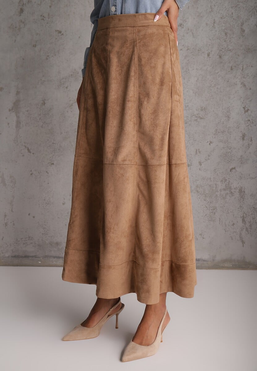 Beżowa Gładka Spódnica z Imitacji Zamszu o Rozkloszowanym Kroju Nettia 3