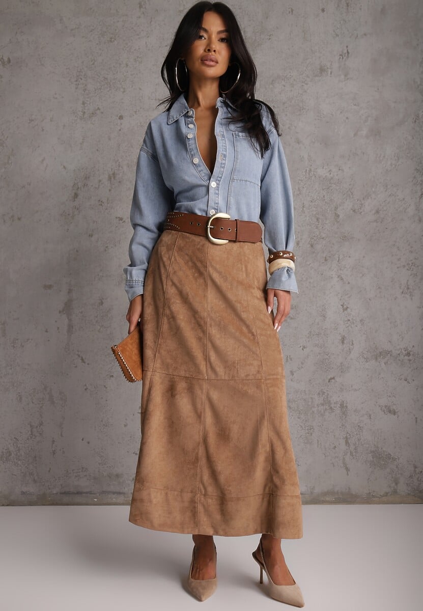 Beżowa Gładka Spódnica z Imitacji Zamszu o Rozkloszowanym Kroju Nettia 1