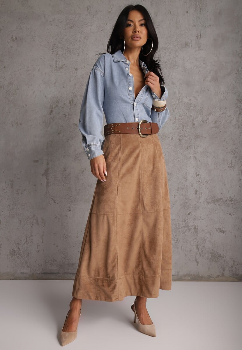 Beżowa Gładka Spódnica z Imitacji Zamszu o Rozkloszowanym Kroju Nettia 2