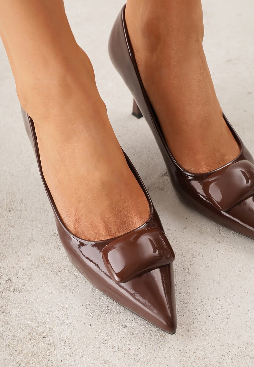 Brązowe Czółenka Lakierowane na Szpilce z Aplikacją 3D Ianvyre 3