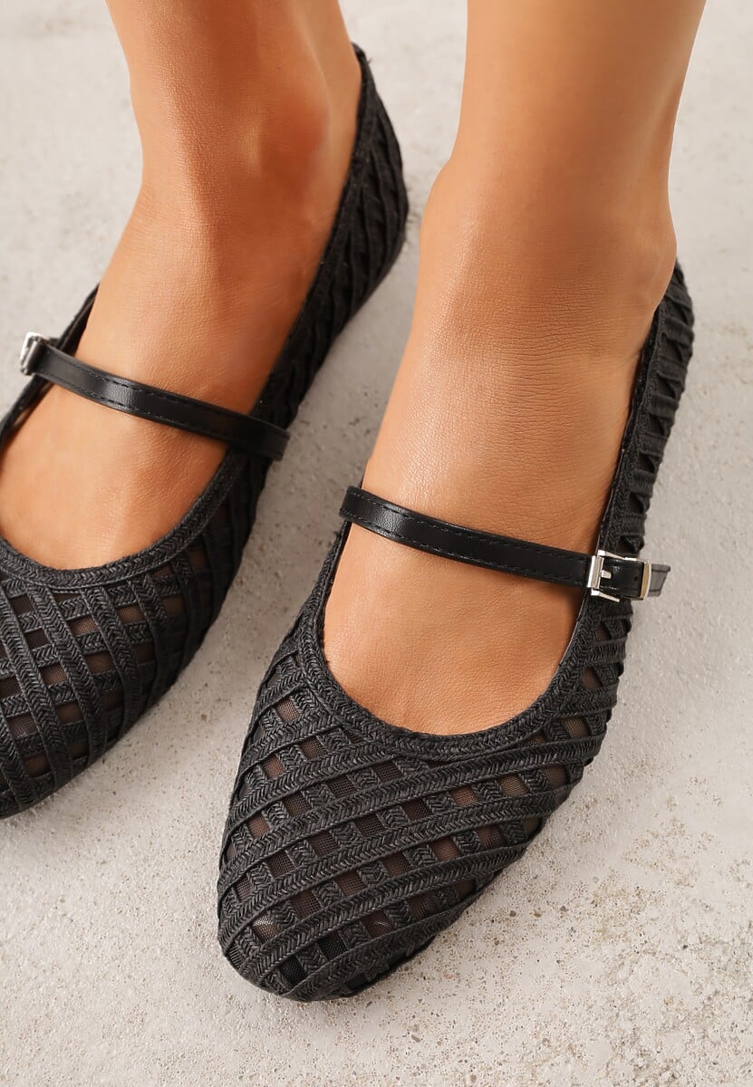Czarne Balerinki z Ażurowym Wzorem i Paskiem Astethera 3