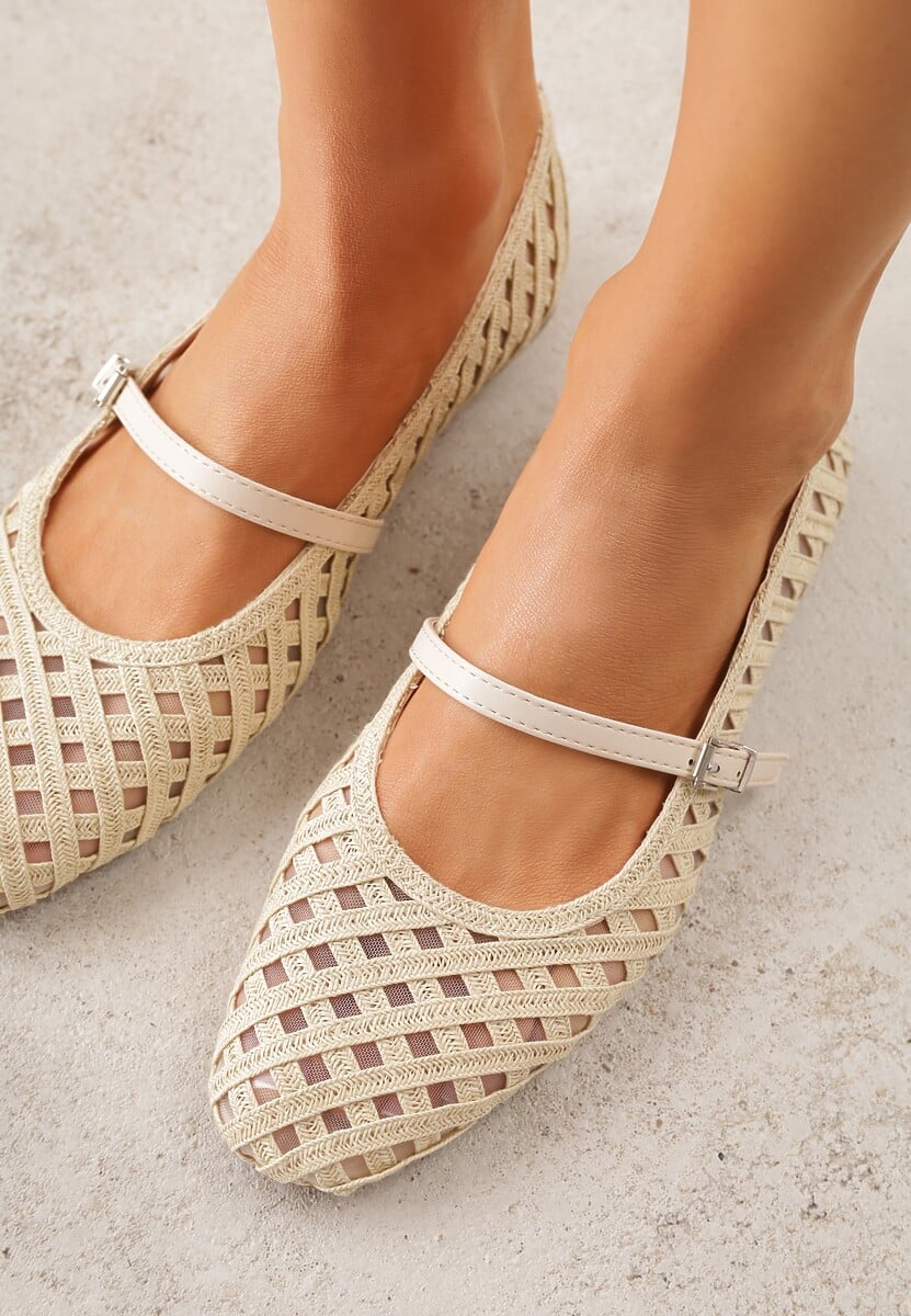 Jasnobeżowe Balerinki z Ażurowym Wzorem i Paskiem Astethera 3