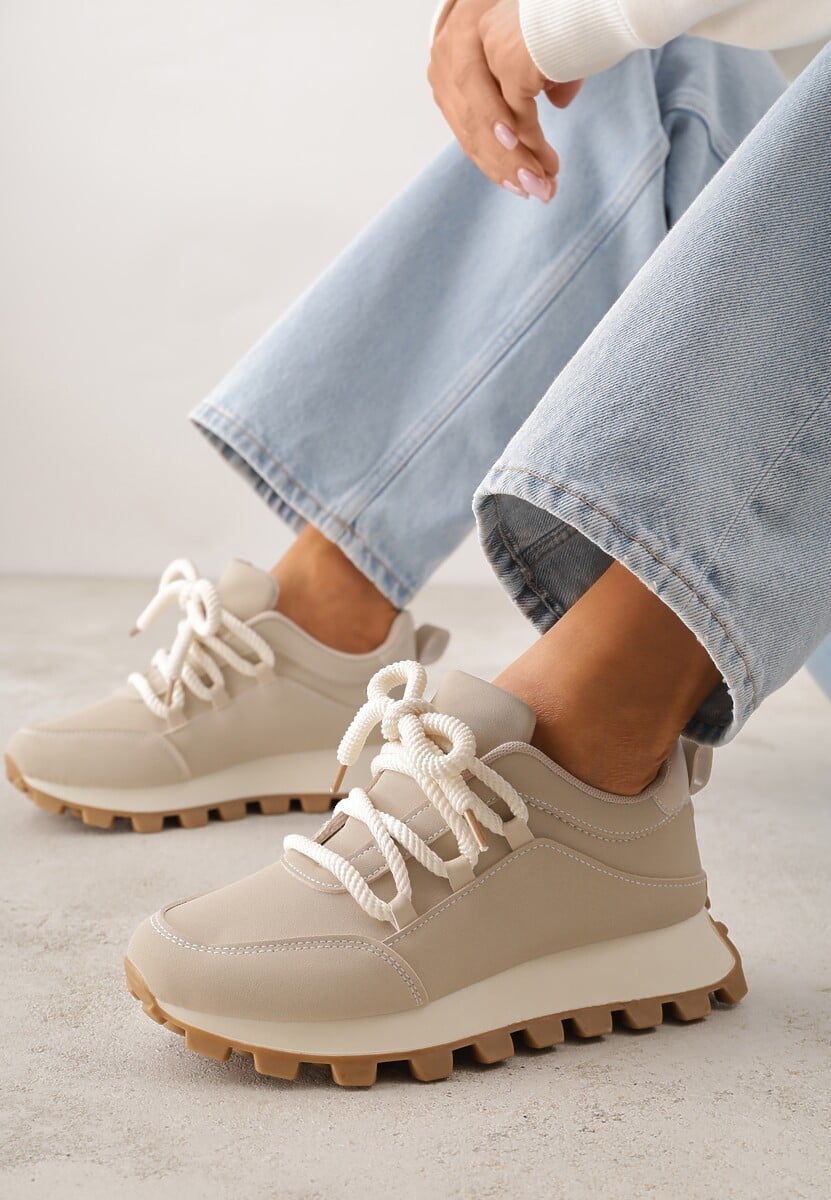 Beżowe Sneakersy na Platformie Ozdobionej Tłoczeniem Zerla 2