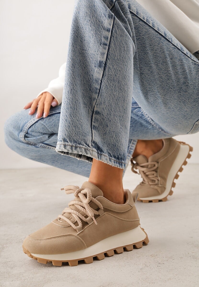 Ciemnobeżowe Sneakersy na Platformie Ozdobionej Tłoczeniem Zerla 1