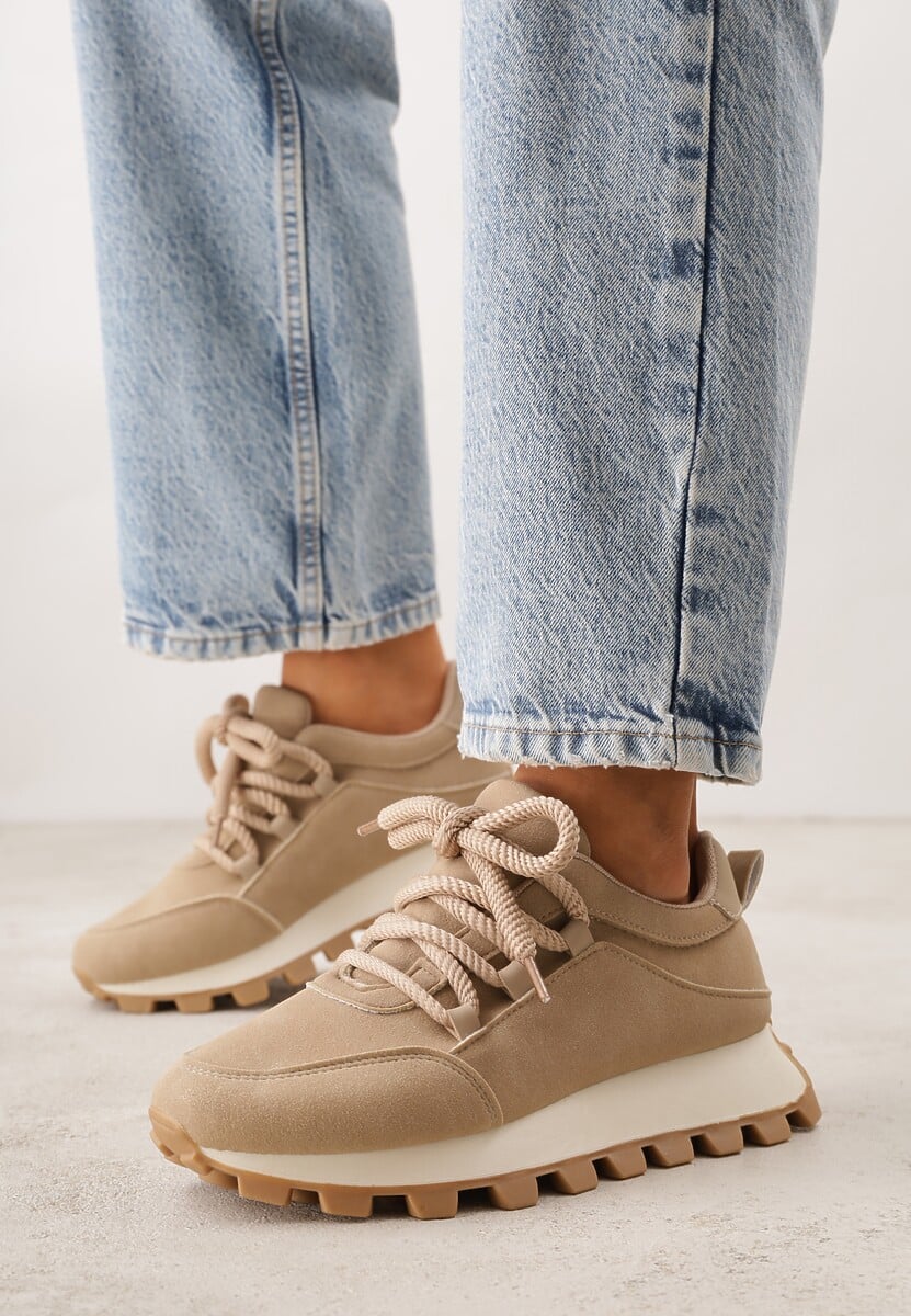 Ciemnobeżowe Sneakersy na Platformie Ozdobionej Tłoczeniem Zerla 2