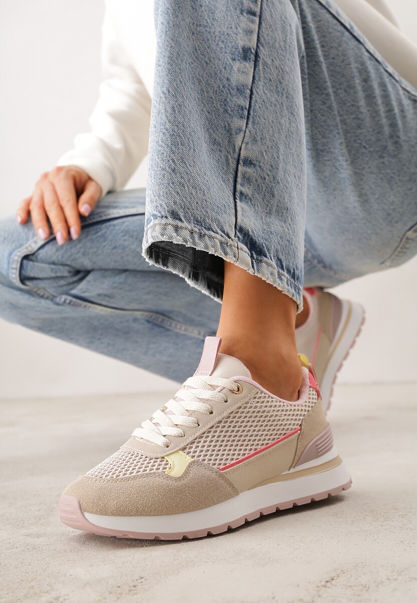 Ciemnobeżowe Sneakersy z Siateczką i Modnymi Wstawkami Corona 1