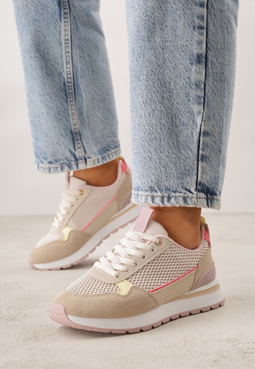 Ciemnobeżowe Sneakersy z Siateczką i Modnymi Wstawkami Corona 2