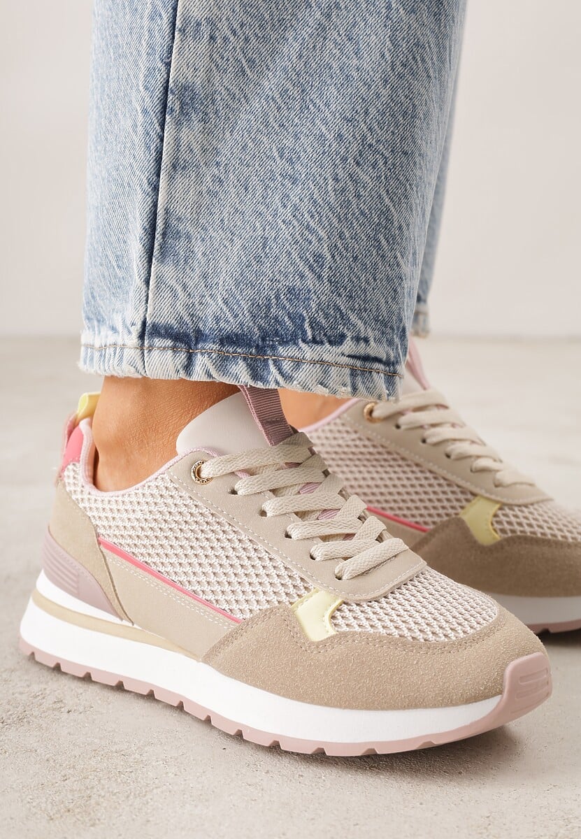 Ciemnobeżowe Sneakersy z Siateczką i Modnymi Wstawkami Corona 3