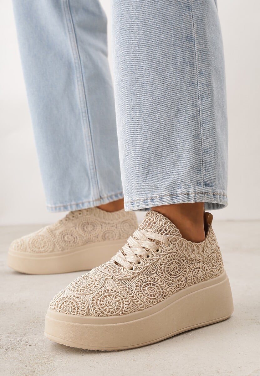Beżowe Sneakersy Boho na Platformie Zdobione Plecionym Wzorem Abilama 2