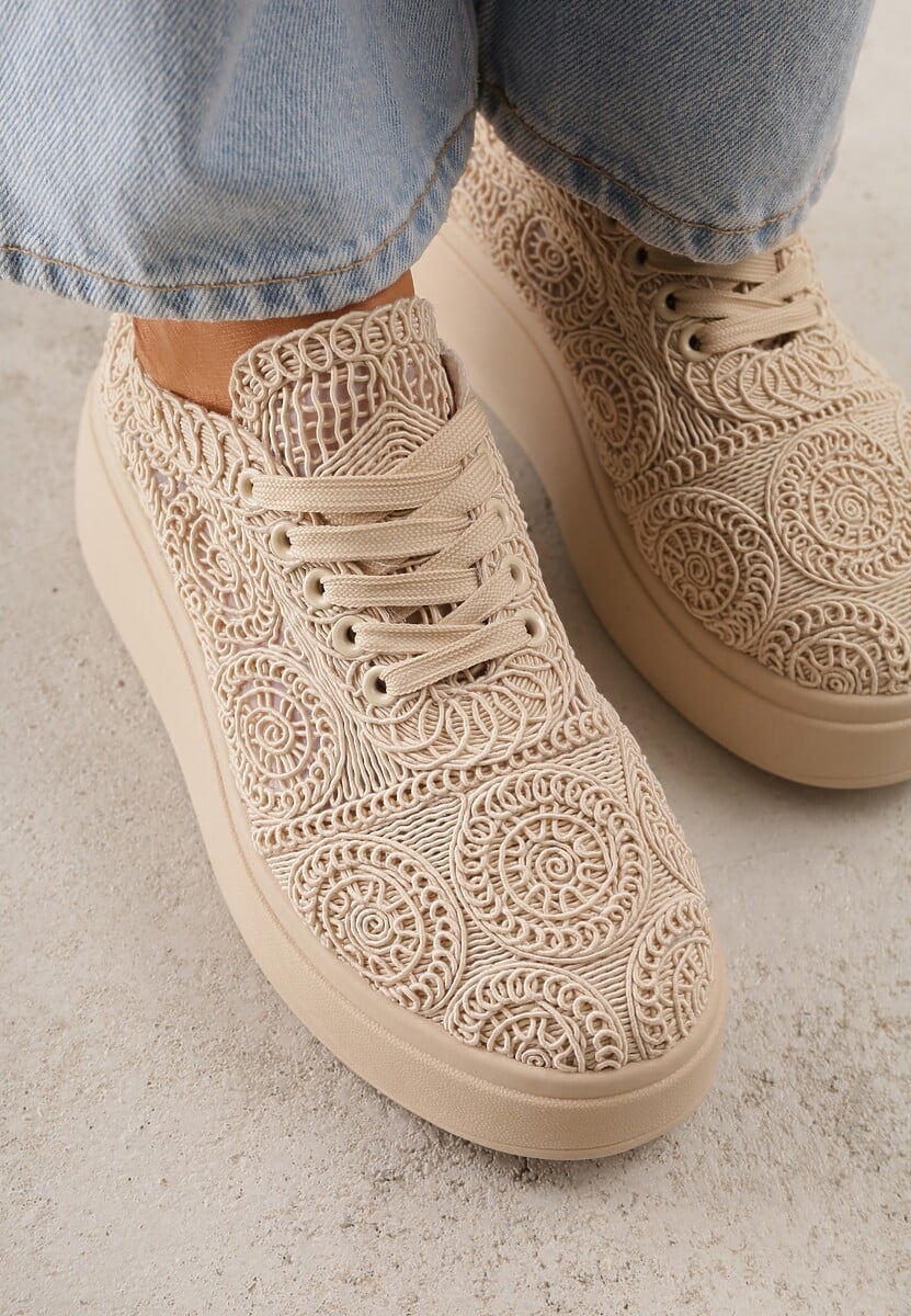 Beżowe Sneakersy Boho na Platformie Zdobione Plecionym Wzorem Abilama 3