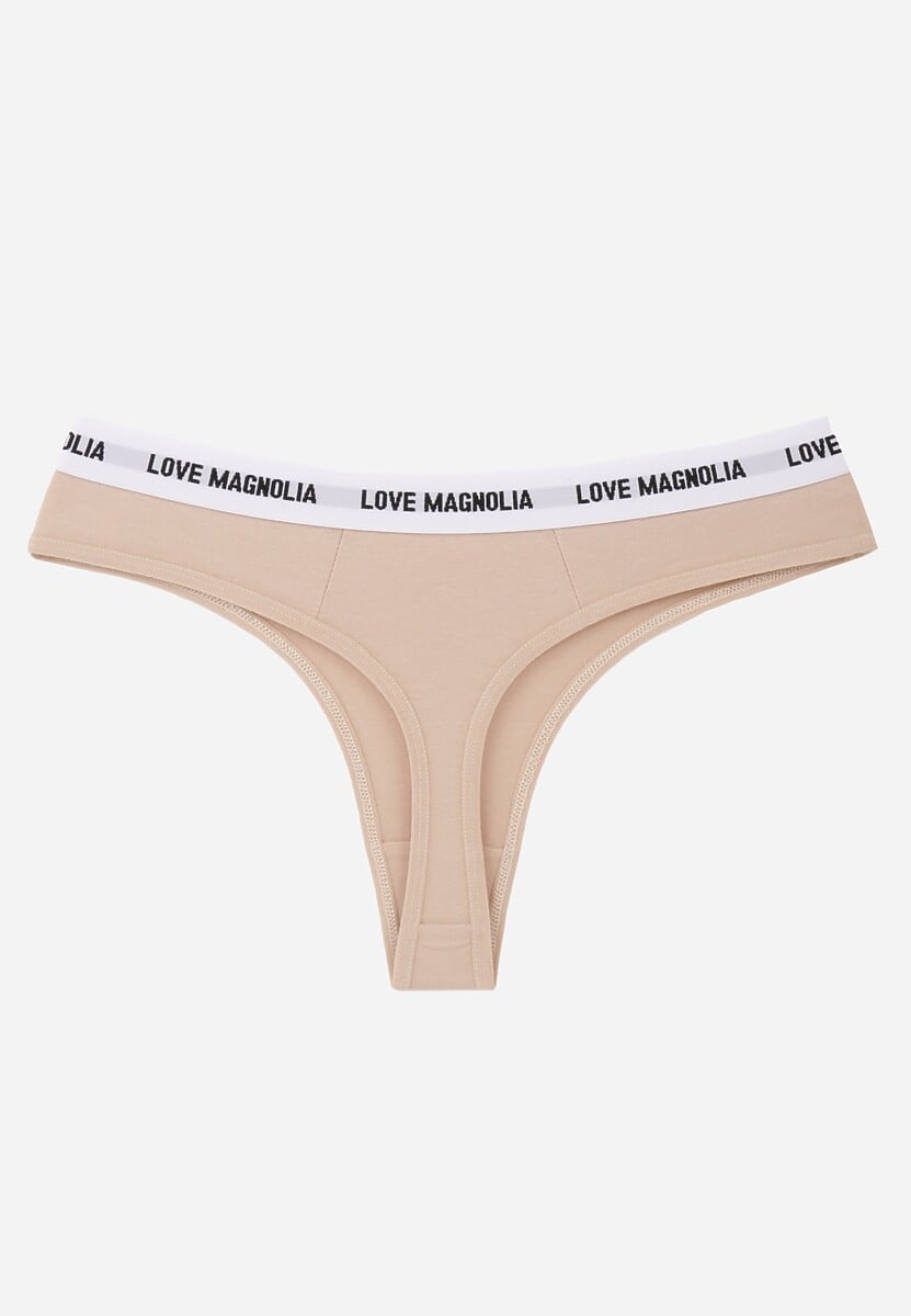 Beżowe Majtki Stringi z Bawełną Ozdobione Napisami Amero 2