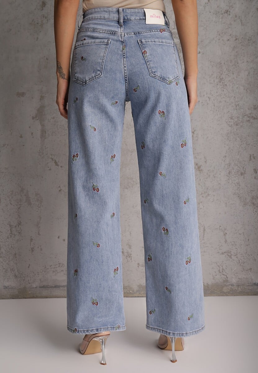 Niebieskie Szerokie Jeansy z Bawełną High Waist z Haftowanym Wzorem Donlopes 3