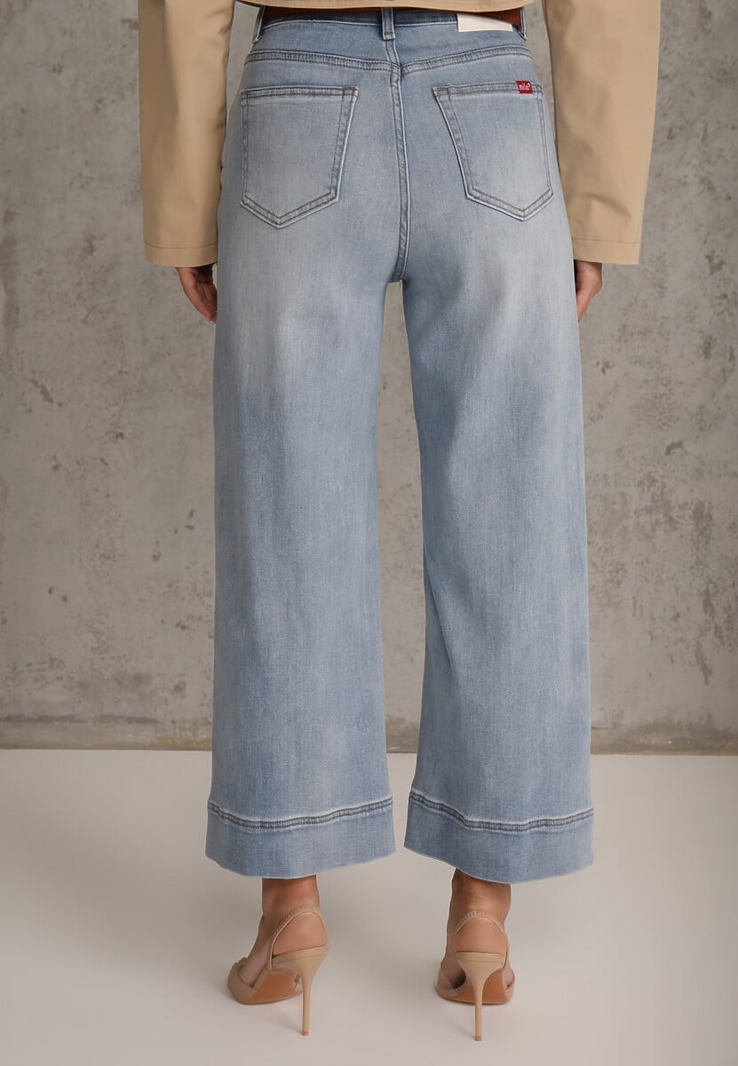 Niebieskie Szerokie Jeansy z Bawełną High Waist Ozdobione Przeszyciami Timolis 3