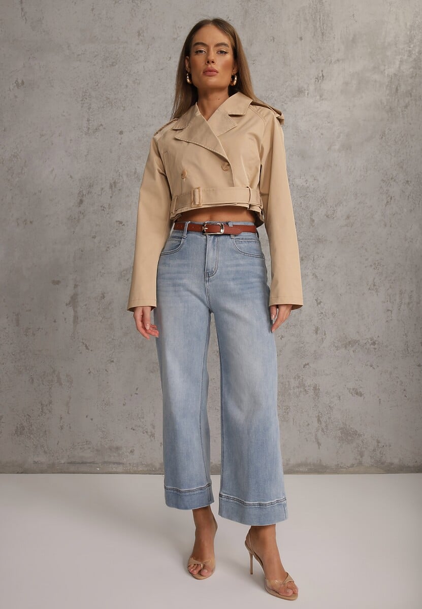 Niebieskie Szerokie Jeansy z Bawełną High Waist Ozdobione Przeszyciami Timolis 1