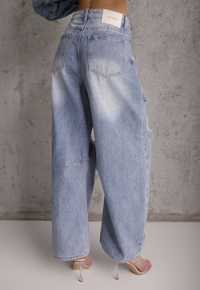 Niebieskie Bawełniane Jeansy Ballloon z Wiskozą High Waist Ozdobione Dziurami Lamma 3