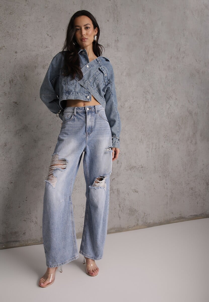 Niebieskie Bawełniane Jeansy Ballloon z Wiskozą High Waist Ozdobione Dziurami Lamma 1