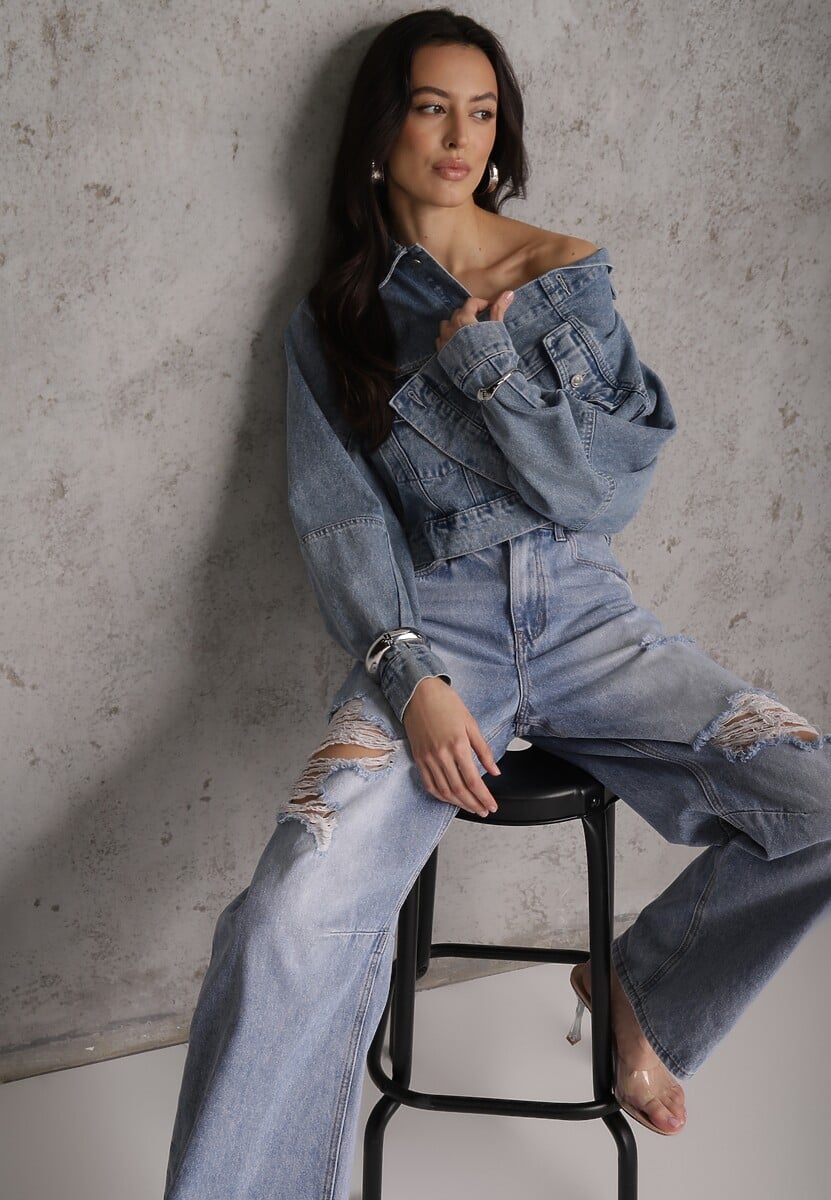 Niebieskie Bawełniane Jeansy Ballloon z Wiskozą High Waist Ozdobione Dziurami Lamma 2