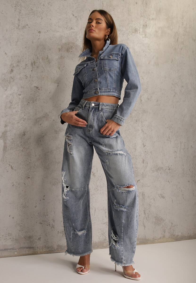 Niebieskie Jeansy z Bawełny Balloon High Waist z Przedarciami Taeryre 1