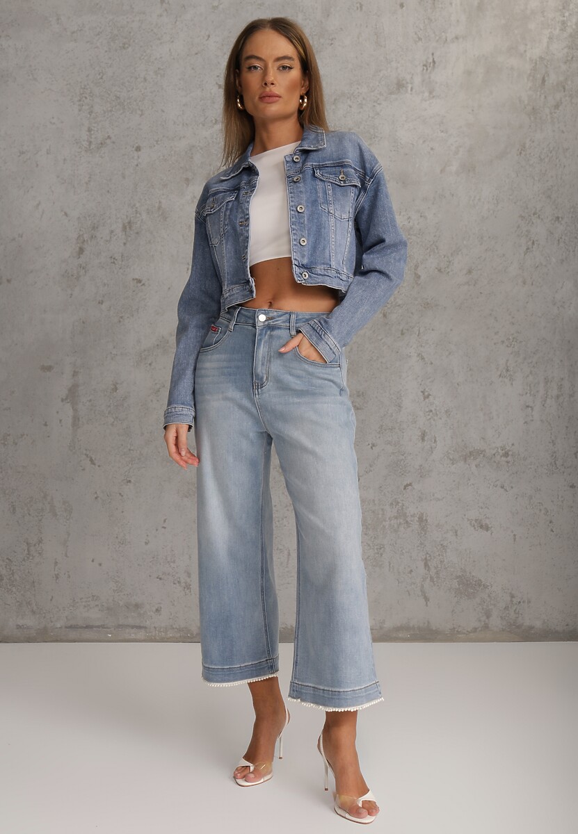 Niebieskie Szerokie Jeansy Culottes z Bawełną High Waist Ozdobione Perełkami Hesaris 2