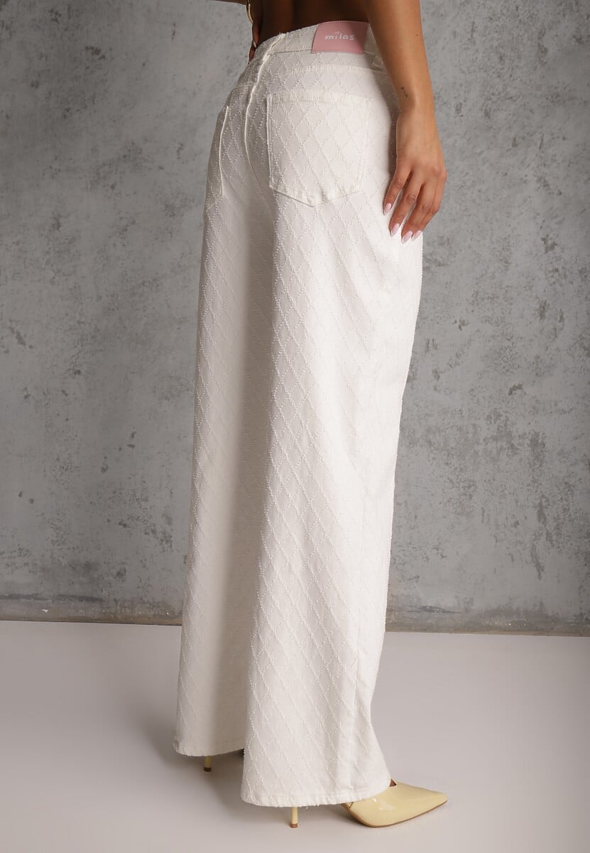 Białe Jeansy High Waist Wide Leg z Bawełną z Ozdobnymi Przeszyciami w Romby Hetana 3