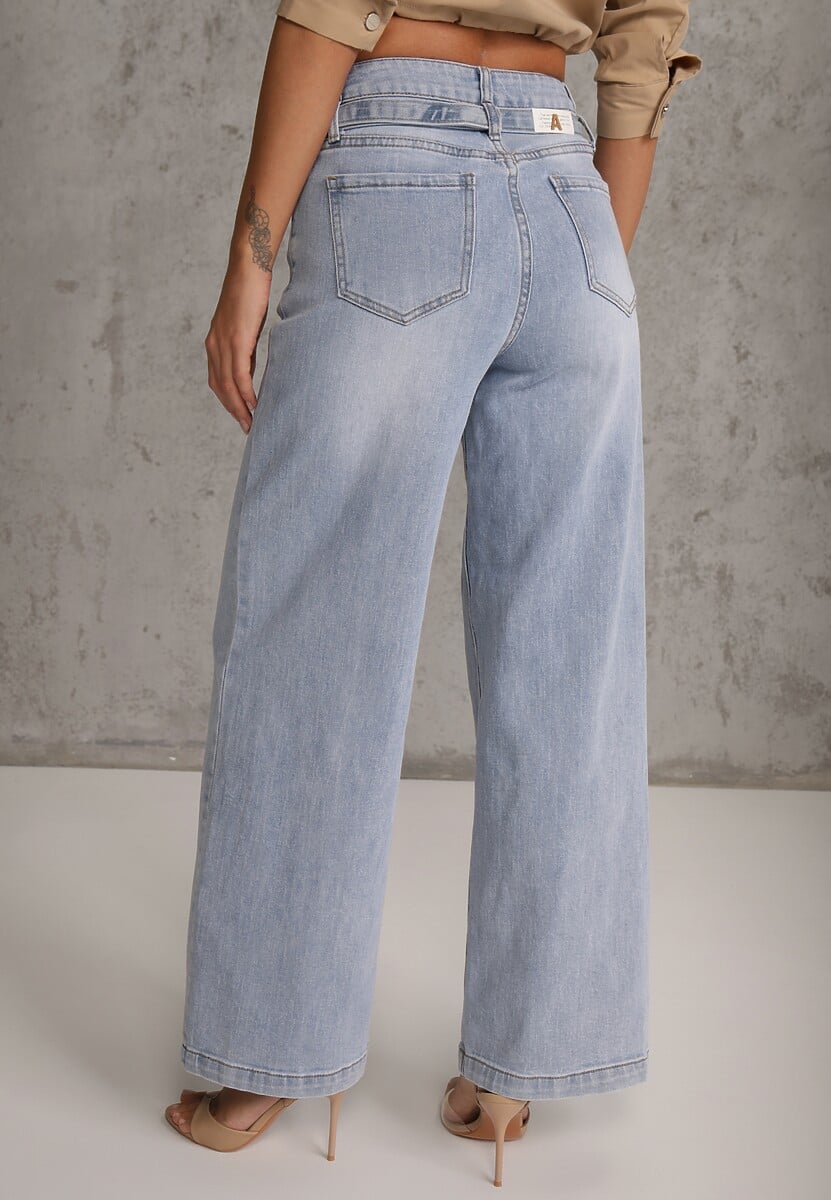 Niebieskie Jeansy Wide Leg High Waist z Bawełną z Denimowym Paskiem Evanna 3