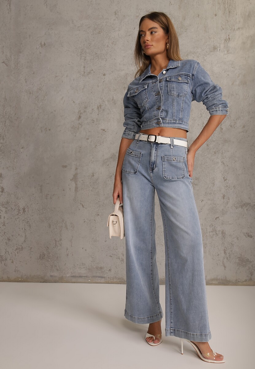 Niebieskie Szerokie Jeansy High Waist z Kieszonkami Thellona 2