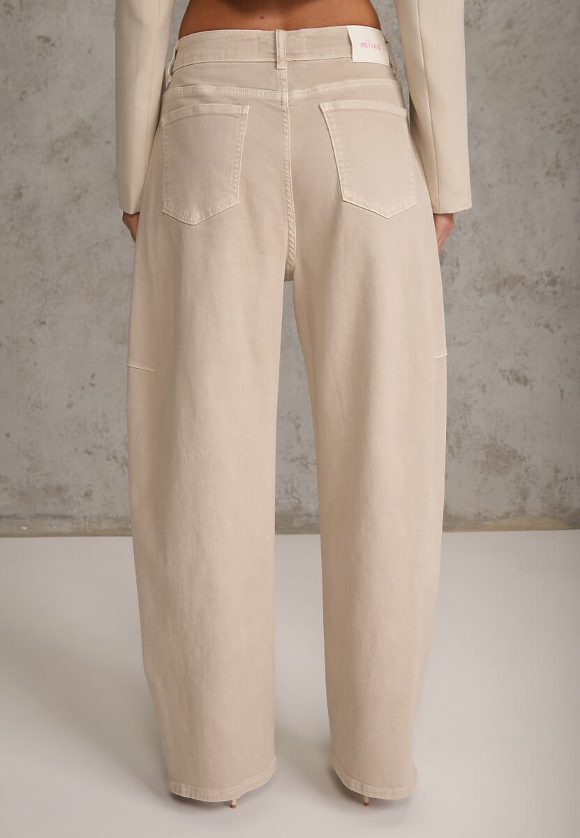 Beżowe Jeansy z Bawełny Typu Balloon High Waist Ozdobione Przeszyciami Eunaris 3