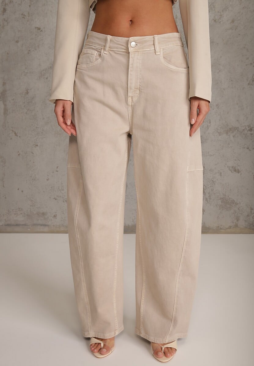 Beżowe Jeansy z Bawełny Typu Balloon High Waist Ozdobione Przeszyciami Eunaris 1