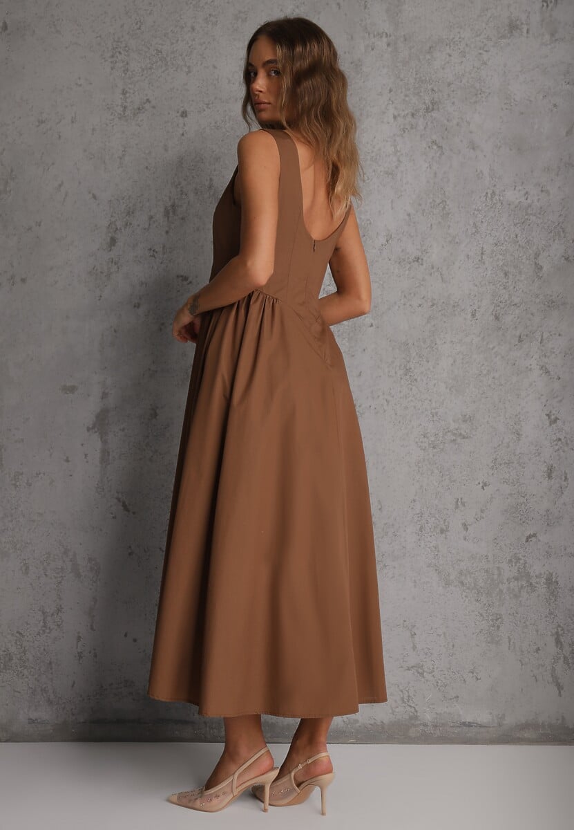 Brązowa Rozkloszowana Sukienka Koktajlowa z Bawełny z Dekoltem Łódką i Kieszeniami Fanilra 3