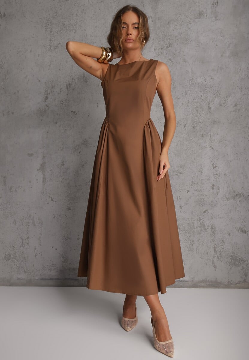 Brązowa Rozkloszowana Sukienka Koktajlowa z Bawełny z Dekoltem Łódką i Kieszeniami Fanilra 1
