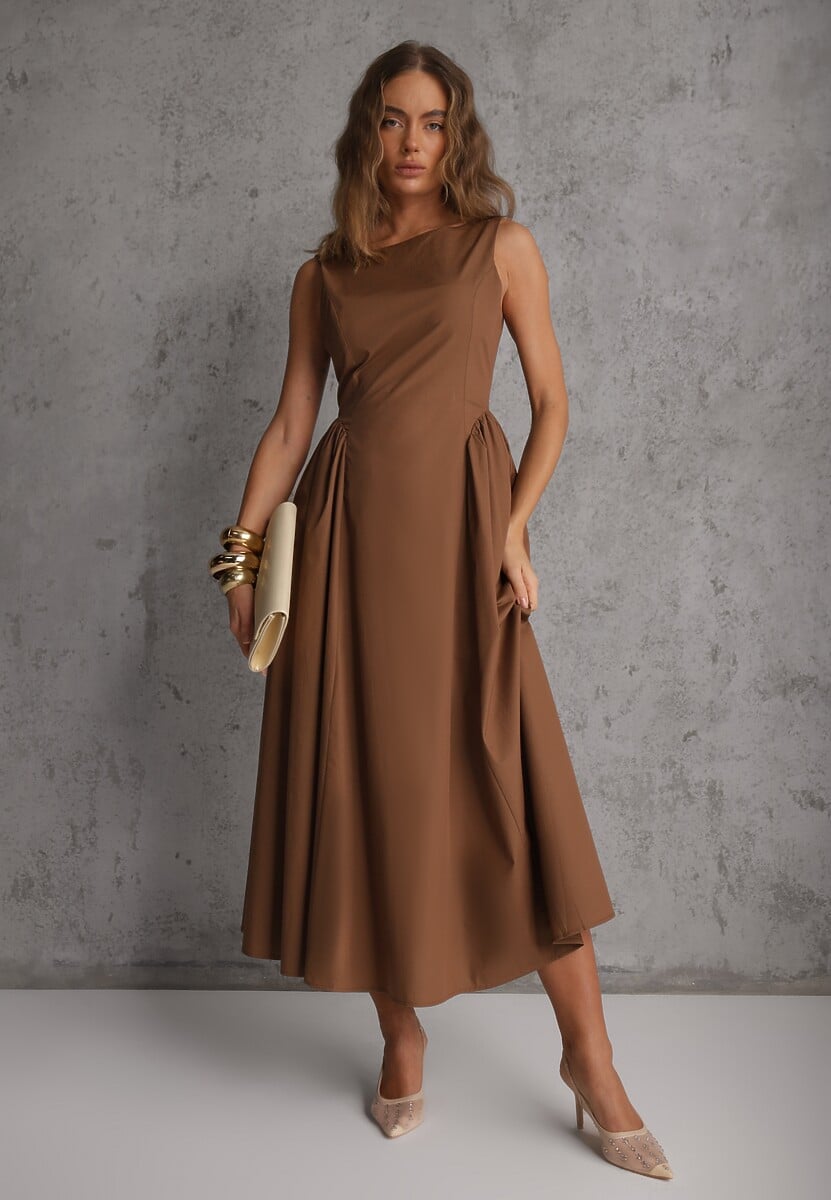 Brązowa Rozkloszowana Sukienka Koktajlowa z Bawełny z Dekoltem Łódką i Kieszeniami Fanilra 2