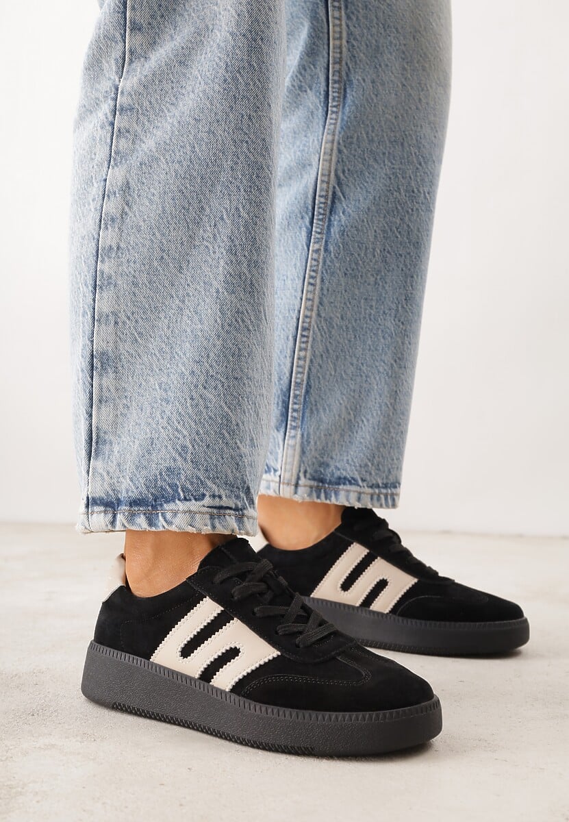 Czarne Sneakersy Skórzane w Stylu Tenisówek z Geometrycznym Wzorem Eshiryla 2