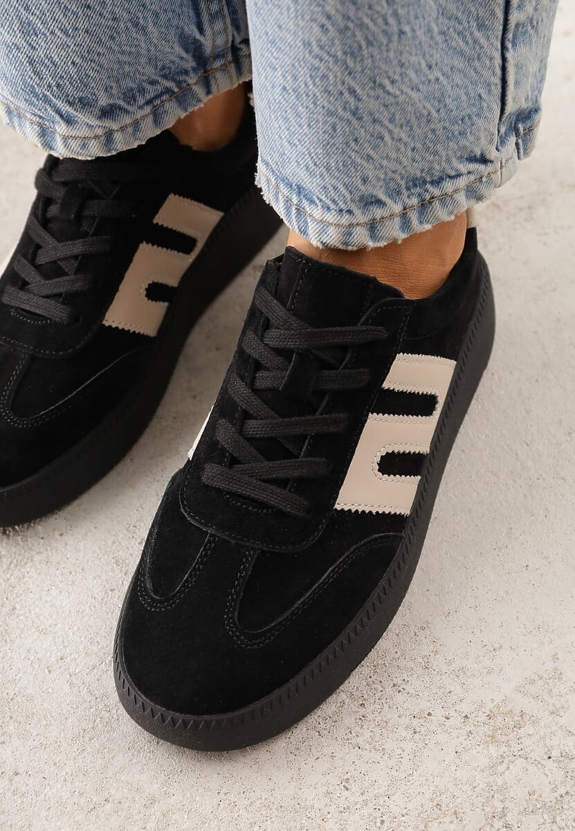 Czarne Sneakersy Skórzane w Stylu Tenisówek z Geometrycznym Wzorem Eshiryla 3