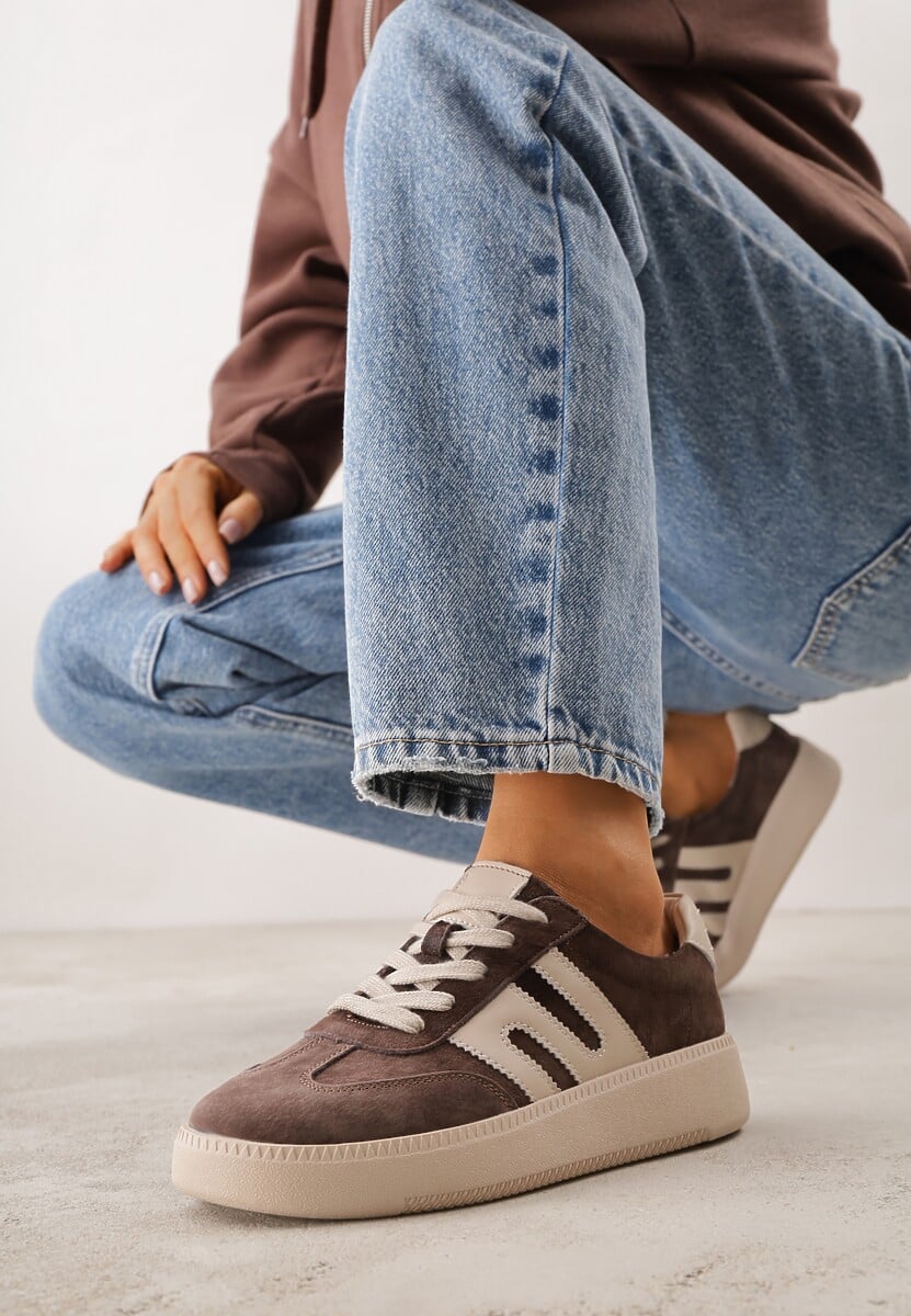 Brązowe Sneakersy Skórzane w Stylu Tenisówek z Geometrycznym Wzorem Eshiryla 1