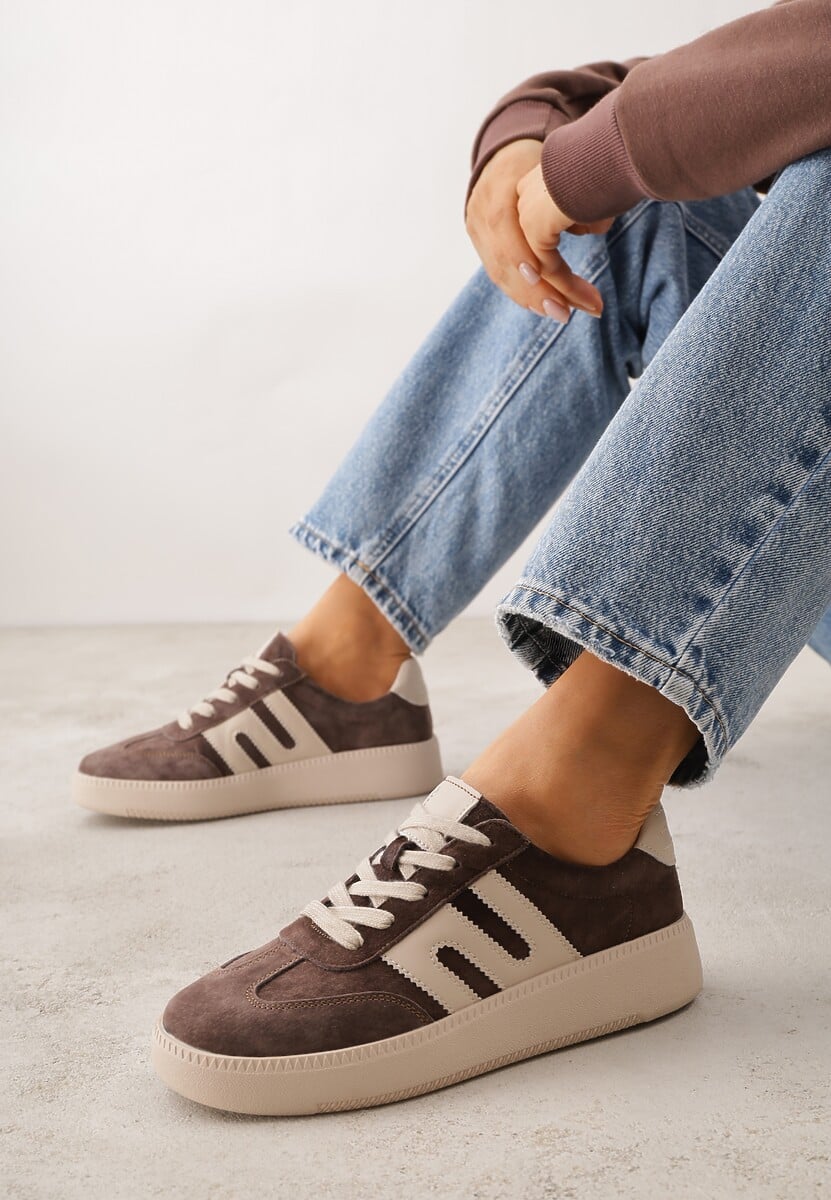 Brązowe Sneakersy Skórzane w Stylu Tenisówek z Geometrycznym Wzorem Eshiryla 2