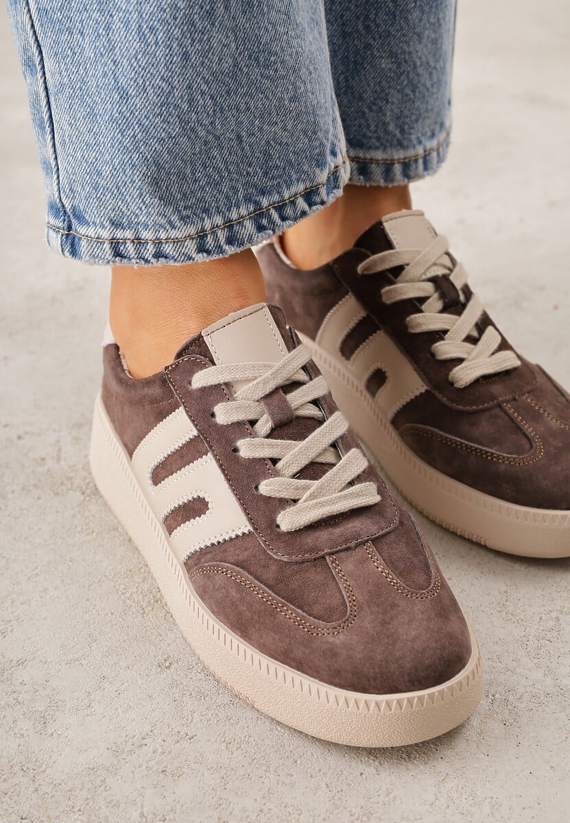 Brązowe Sneakersy Skórzane w Stylu Tenisówek z Geometrycznym Wzorem Eshiryla 3